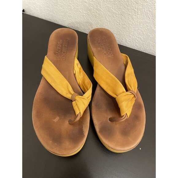 MIZ MOOZ INUOVO Yellow & Brown Leather Flip Flop Wedge Sandal 38 US 7.5 - 8 Boho - Picture 1 of 7